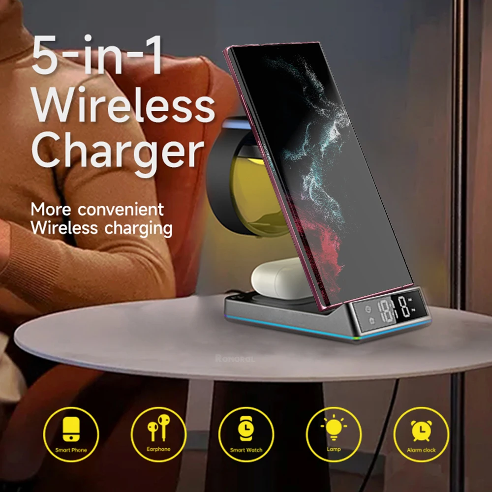 Soporte de cargador inalámbrico plegable 5 en 1 Base RGB con reloj despertador digital LED Estación de carga rápida para Samsung Galaxy Watch 5/4 Pro Active 2 S22 S21 Ultra Airpods iPhone14