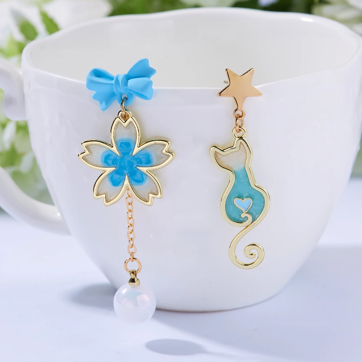 Korean Moon Star Cat Drop Stud Earrings for Women Flower Butterfly Enamel Tassel Dangle Statement Party Wedding Jewelry Gifts