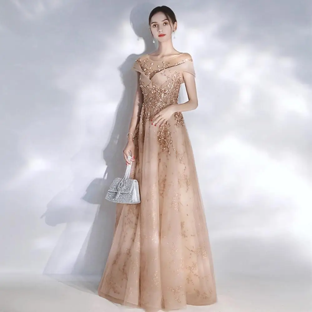 New Women's Champagne Evening Gown Off-Shoulder Lace Applique A-Line Dress Ropa Mujer