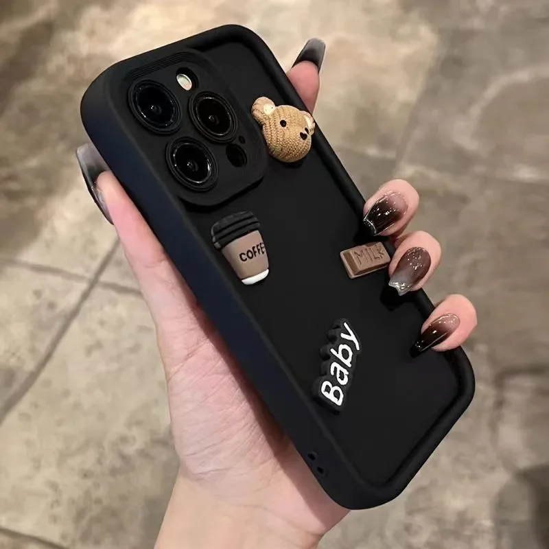 Cute 3D Bear Coffee Cartoon Silicone Phone Case For Xiaomi Poco X6 X5 F5 F6 M6 Pro 4G Mi 14 13 12 11 Lite 5G 13T 12T Pro Cover