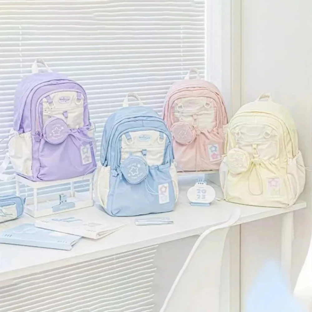 

Y2K корейская школьная сумка кремового цвета на шнурке, большая вместительная дорожная сумка, студенческий рюкзак со звездами для девочек