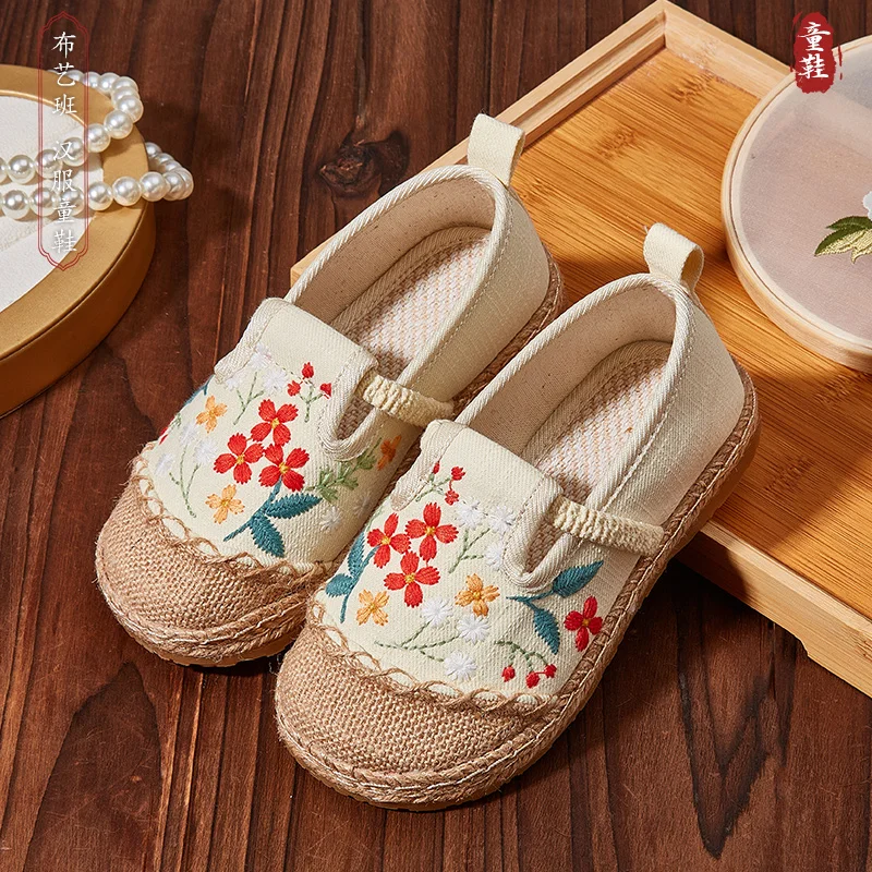 Zapatos Hanfu de tela para niños, zapatos de pescador de lino de viento nacional, estilo chino, vestido Tang bordado, primavera y otoño