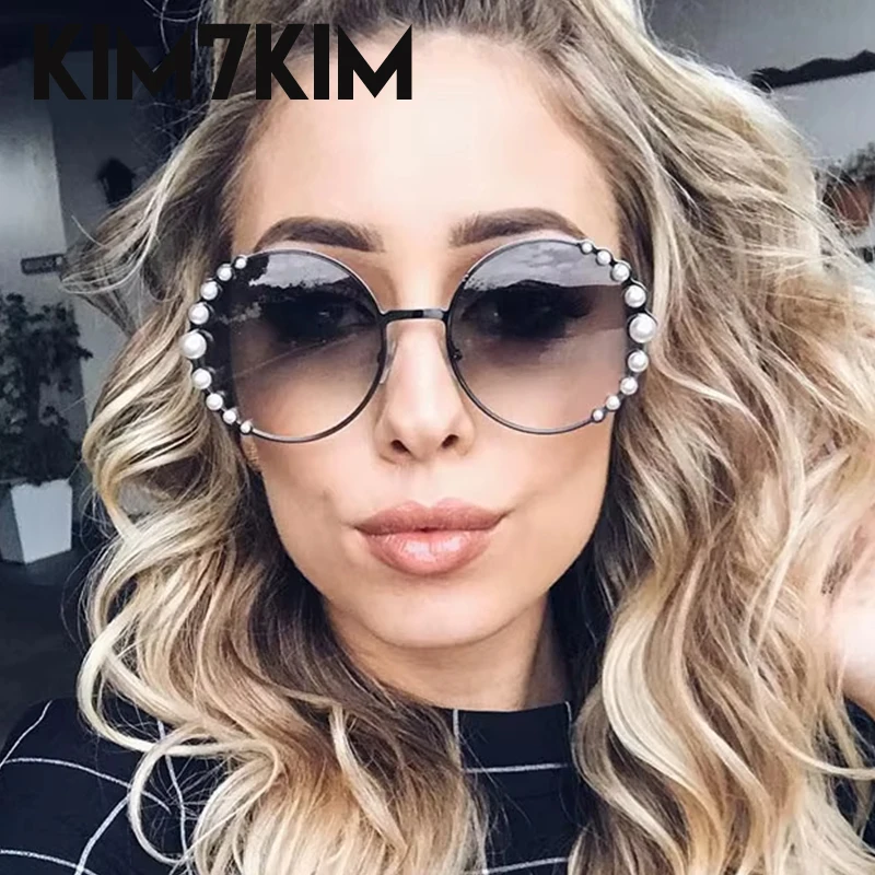 Oversized Round Pearl Sunglasses Women 2024 Luxury Brand Design Gradient Lens Eyewear Shades Trendy Party Sun Glasses For Ladies