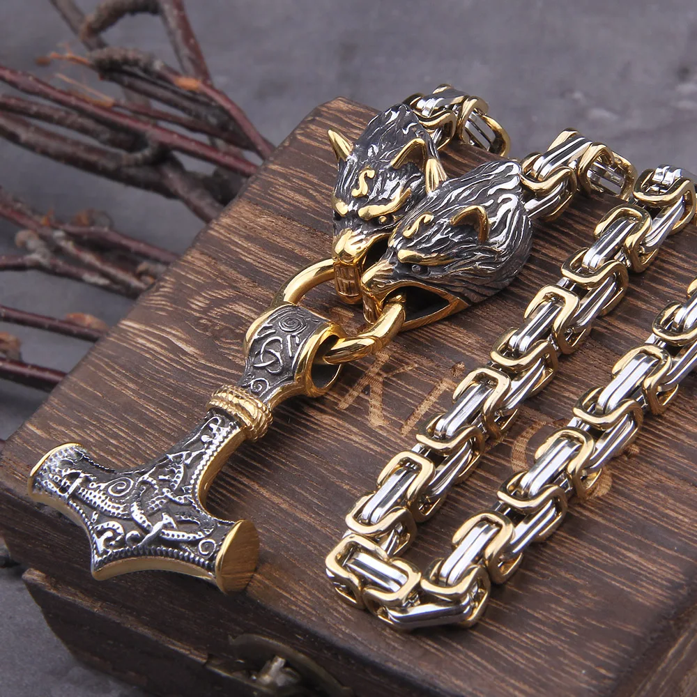 Never Fade Men stainless steel Wolf head norse viking amulet thor hammer pendant necklace viking king chain
