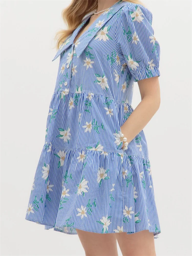 CHRONSTYLE Women Short Mini Dress Elegant Short Puff Sleeve Lapel Collar Floral Print A-line Dress Summer Vestidos with Pockets