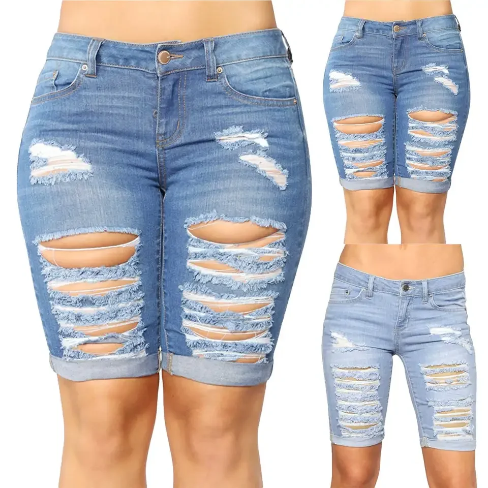 Versatile Daily Casual Stretch Work Pants Women'S Mid Rise Ripped Stretchy Jean Shorts Hem Casual Denim Shorts SuéTer Mujer