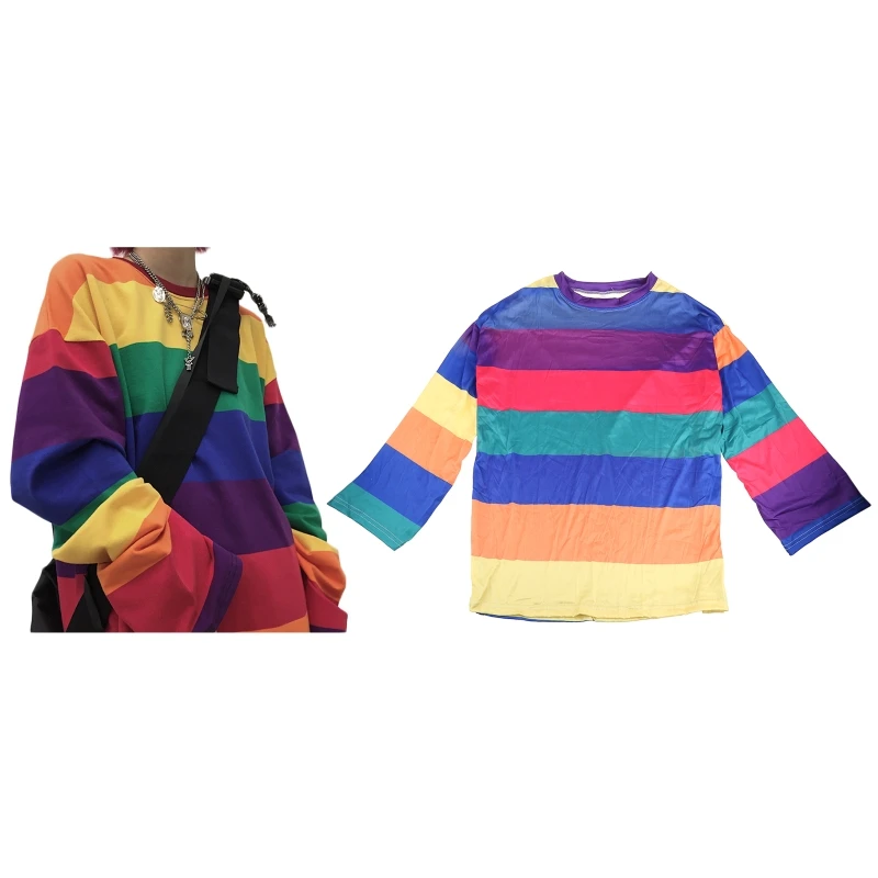 O-Collo a maniche lunghe da donna stile coreano per magliette Harajuku Pullover stampato a strisce arcobaleno Top tunica Hip Hop
