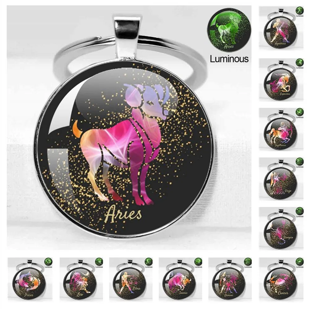 12 Constellation Pattern Pendant Constellation Sign Handmade Glass Cabochon Key Holder Keychain Birthday Jewelry Gift