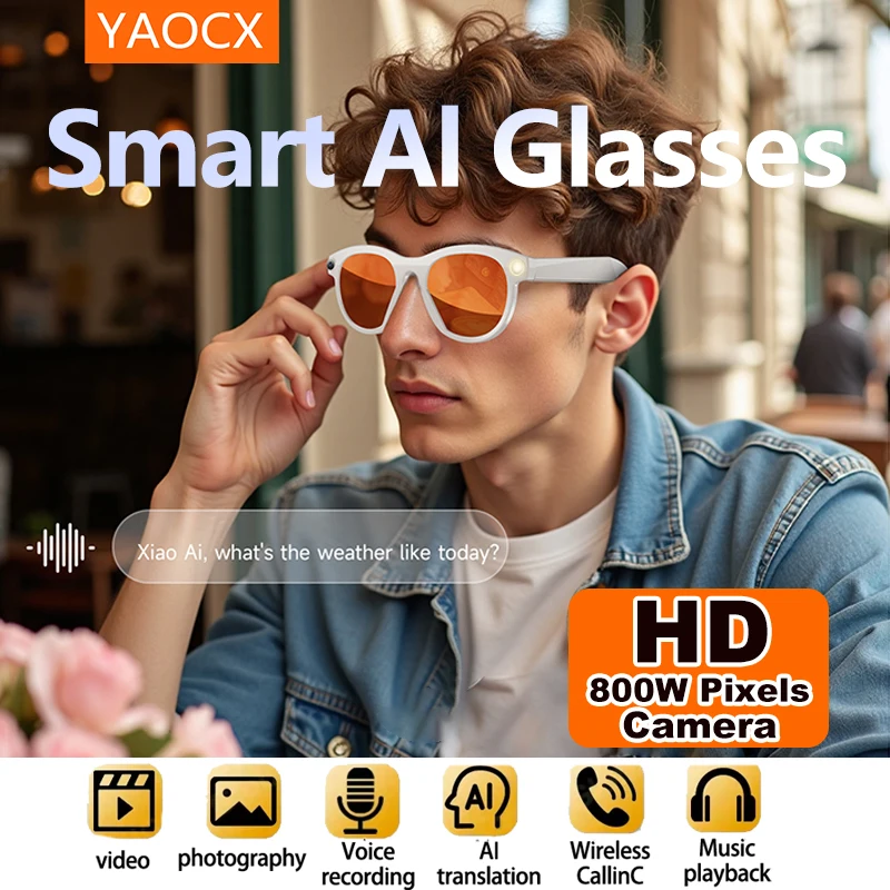 

YAOCX Mart Smart Glasses with 200W Camera AI Translator Wireless Bluetooth Voice Control Video Call Music Player Sunglasses