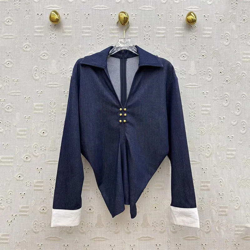 

Женская джинсовая рубашка с воротником, топ с V-образным вырезом в стиле ретро, куртка с асимметричным подолом, качественная рабочая рубашка, 2026, новинки, Y2K