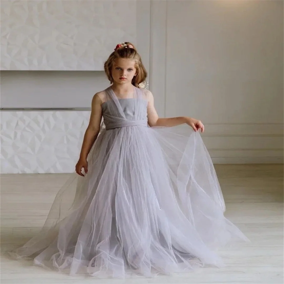 

Tulle Flower Girl Dress Tutu Grey Girl Ball Gown Long Girl Birthday Baby Evening Dress Princess Pageant Dresses for Girls