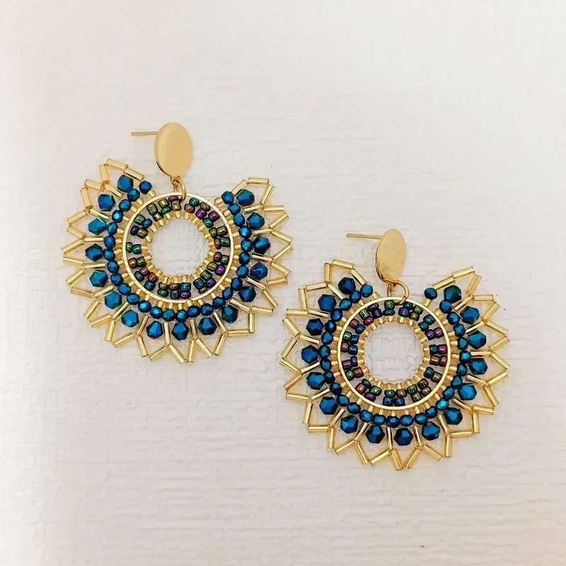 2025 Handmade Bead Earring Crystal Sunflower Design Originality Hand Knitting Bohemia Beaded Earrings for Women