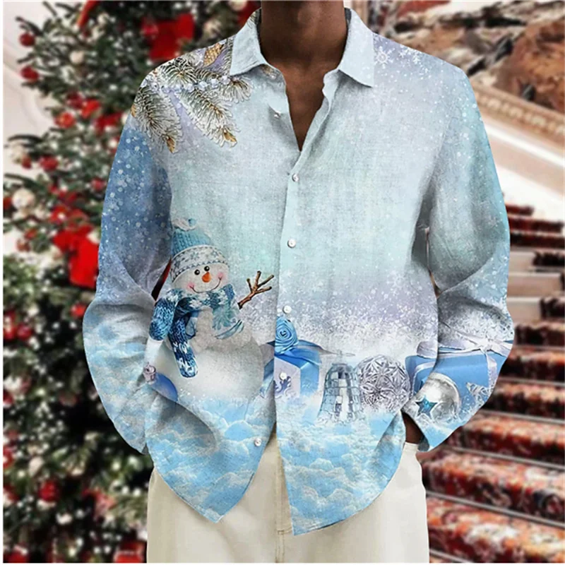 

2024 Christmas Tree Theme 3D Printed Men's Button Lapel Fashion Long Sleeve Shirt Holiday Party Tops New Year Couple Streetwear