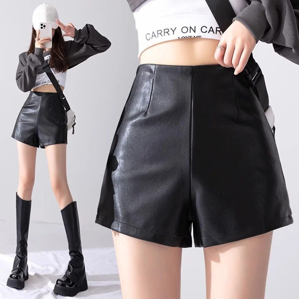 Black PU Leather Shorts, Invisible Open Crotch, High Waisted, Slim, Casual, Straight Leg Pants, Outdoor Sex