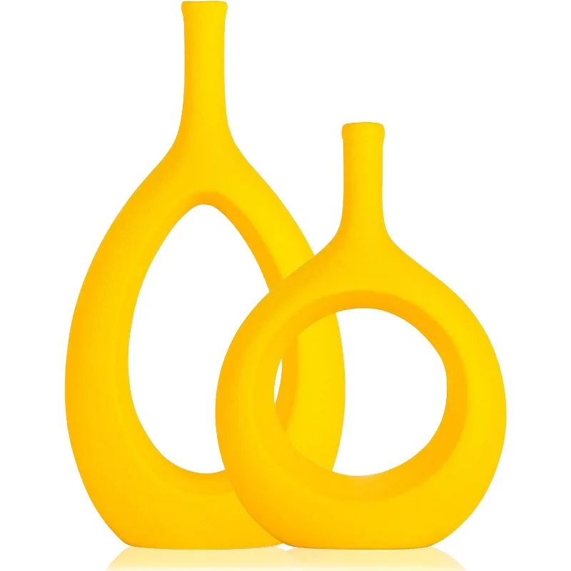 

Yellow Ceramic Hollow Elliptical Vase Set of 2 - Boho Circle Vase with Hole, for Modern Yellow Table Decor, Living Room Decor Sh