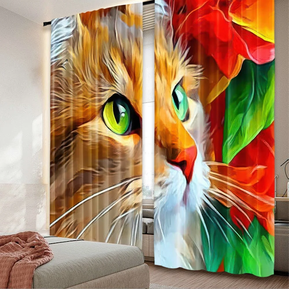 2D flat printing 2pcs Curtain Window Curtains Colorful Cat Portrait Digital Printed Polyester Drapes Seasonal Party & Holiday