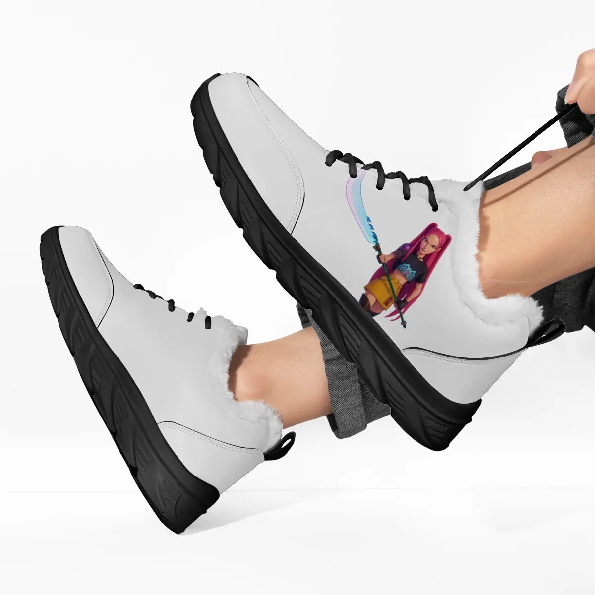 Sepatu Pria Sepatu Kets Berlapis Bulu Putih Modis dengan Pola Gadis Anime Sepatu Lari Pria Sepatu Flat Latihan Jalan Luar Ruangan
