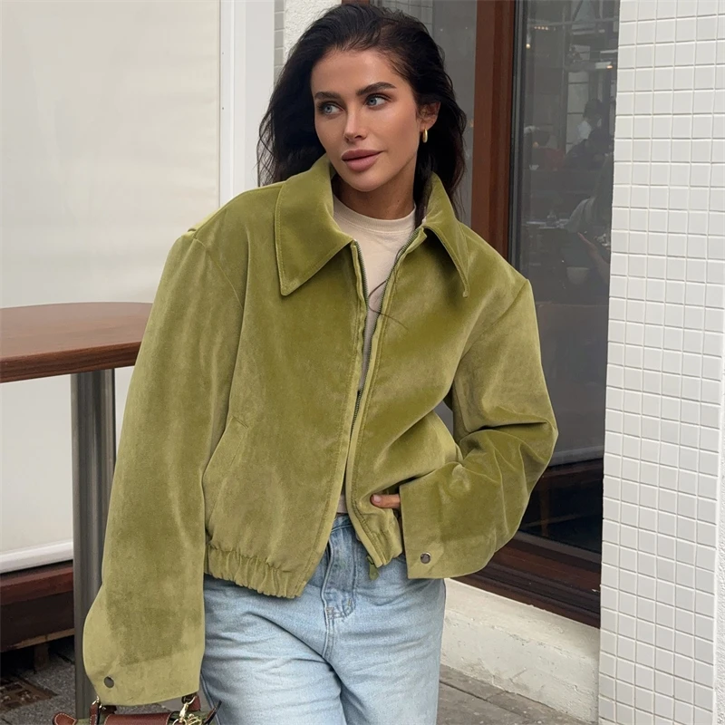 

Casual Zipper Women's Green Suede Jacket Women Loose Lapel Full Sleeve Pocket Crop Coats Autumn Winter Lady Street Thick Outwear