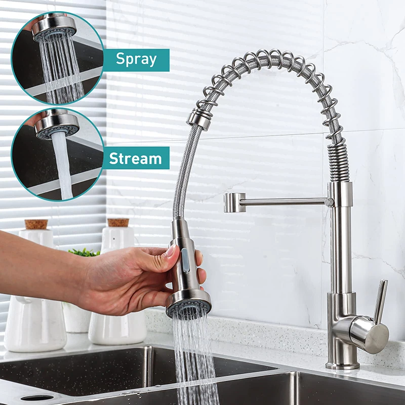 

Kitchen Faucets with Pull Down Sprayer Brushed Nickel Commercial Spring Kitchen Sink Faucet 360 Degree Rotation Spring Tap