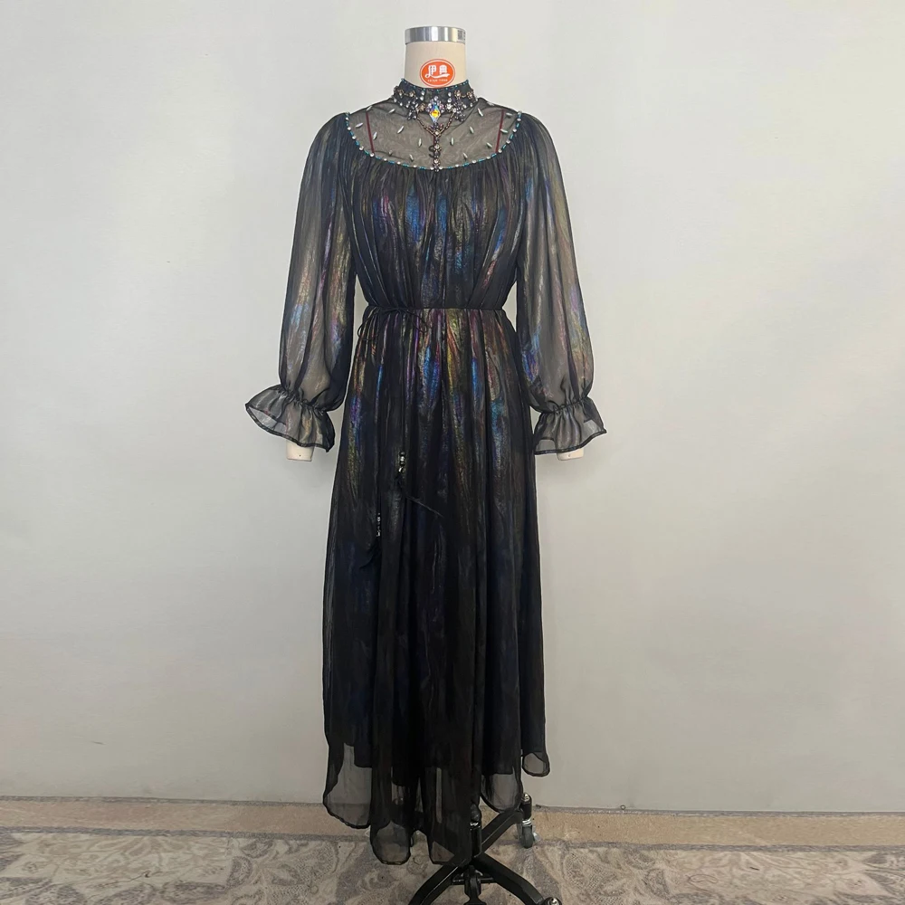 Dubai Shiny Diamonds Abaya Women Muslim Dress Voile High Neck Turkey Long Sleeve Kaftan Caftan Femme Vestidos Robe Evening Gown