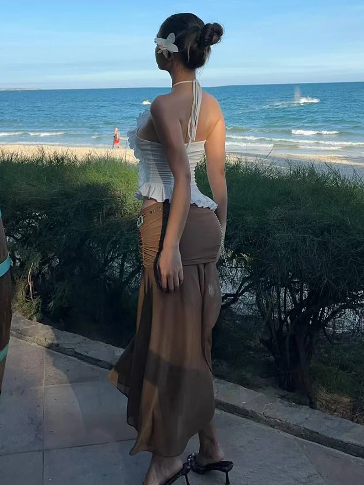 

Insglas Vacation 2-Piece Set Women Cross Halter Hollow Ruffles Irregular Hem Vests+Folds Mesh Long Skirt Matching Elegant Suits