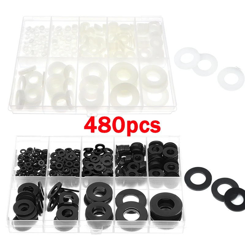 480 stücke Nylon Flache Washer Dichtung Set M 2,5 M3 M4 M5 M6 M8 M10 M12 Schwarz Weiß Kunststoff Abdichtung O-ringe Sortiment Kit Verschluss