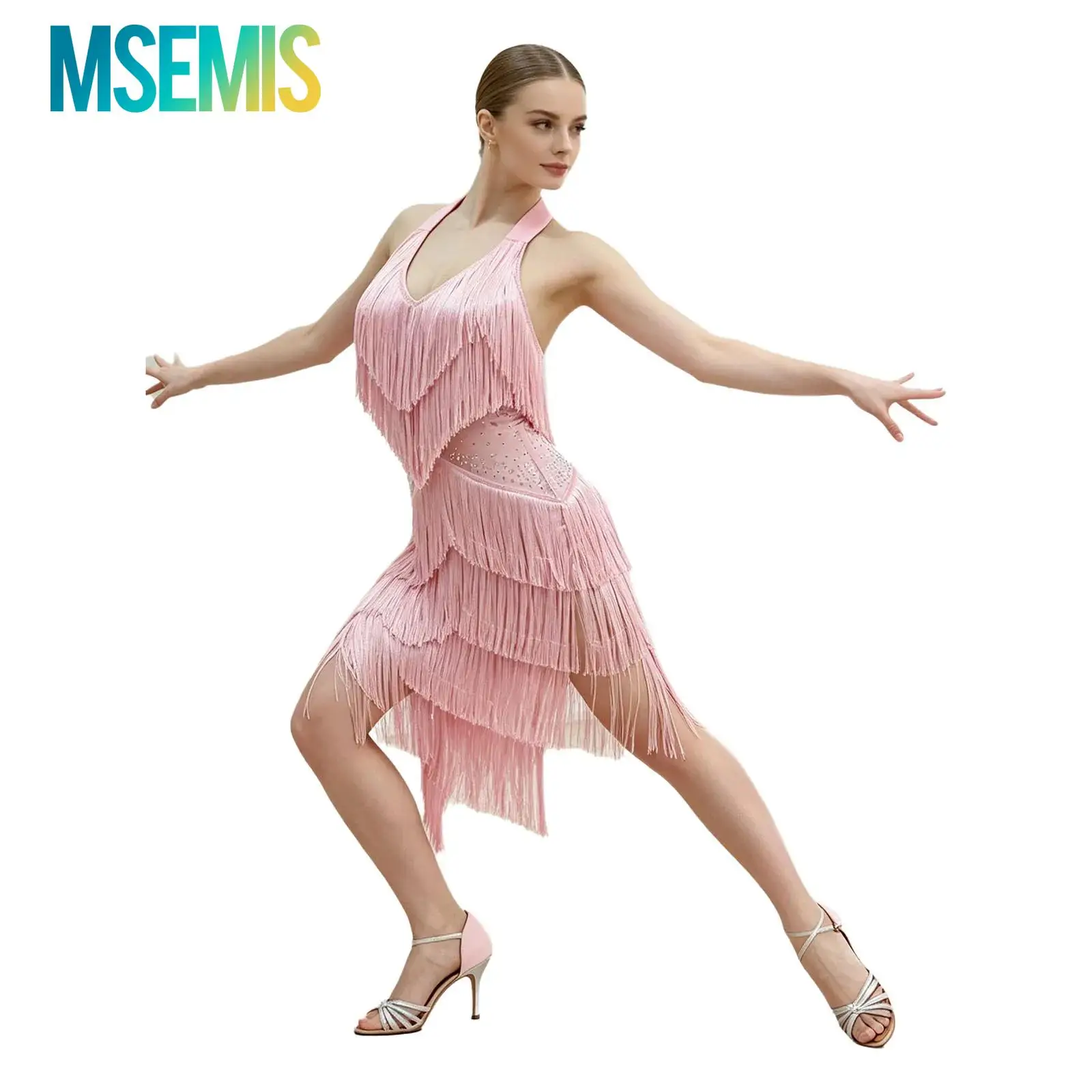 Women Sparkly Rhinestone Fringe Latin Samba Dance Dress Halter V‑Neck Royal Blue Asymmetric Tassel Skirt Stage Performance Wear