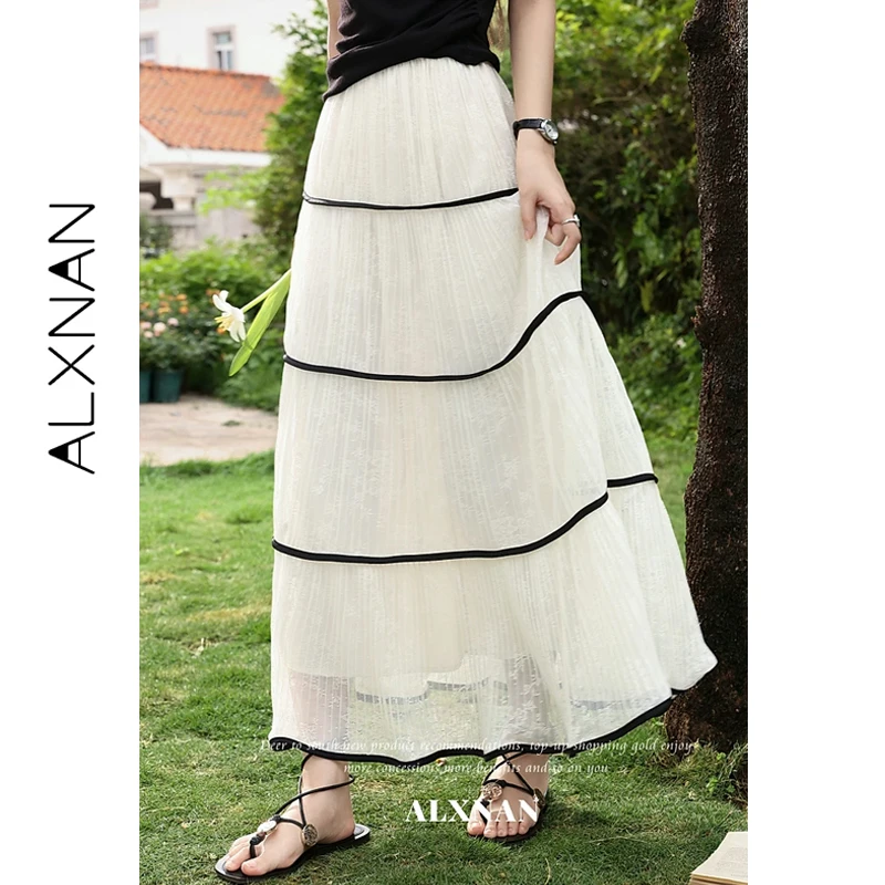 

ALXNAN Women's Skirt Summer White Long Layered Cake Skirt Casual Loose-fit High Waist Midi Skirt Elegant Female Clothing L63816