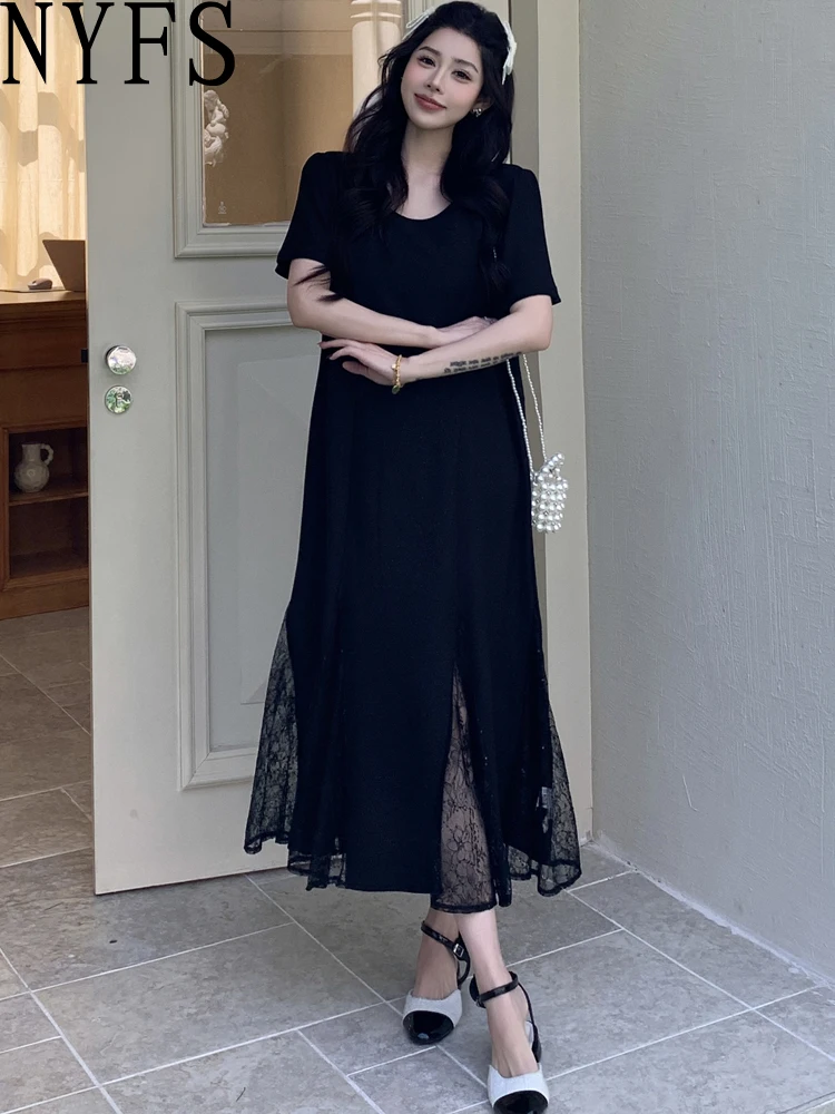 NYFS فستان صيفي 2025 كوريا نمط المرأة فضفاضة حجم كبير كم قصير المرقعة الدانتيل تنحنح فستان طويل رداء Elbise