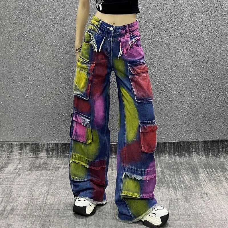 Stage Cool Painted Multi Pocket Jeans Women New High Waisted Loose Slim Versatile Straight Leg Wide Pants Singer Dance Costume