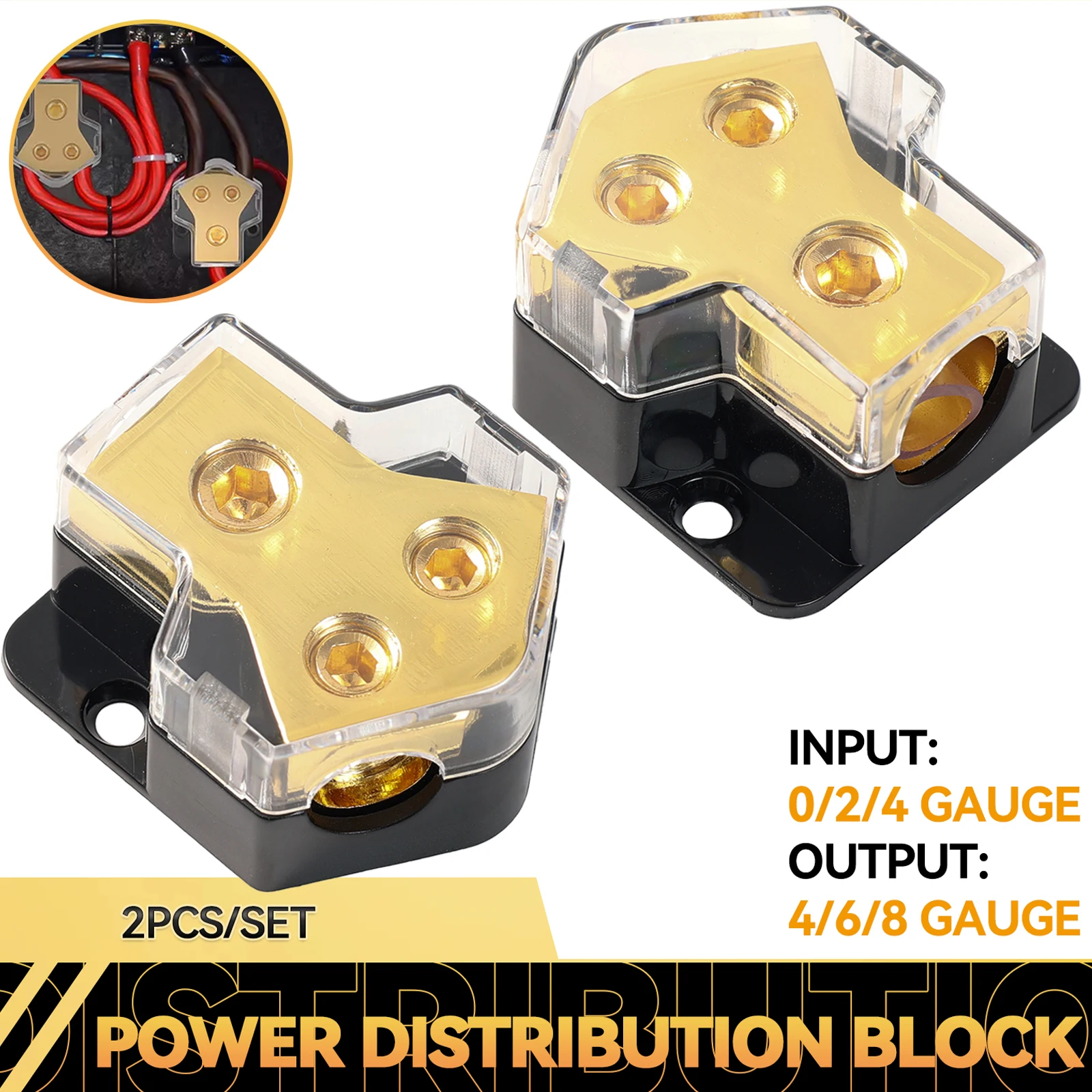 2Pcs 2 Way Car Power Distribution Block 0/2/4 AWG Gauge In 4/6/8 Gauge Out Car Audio Stereo Amp Distribution Connecting Block