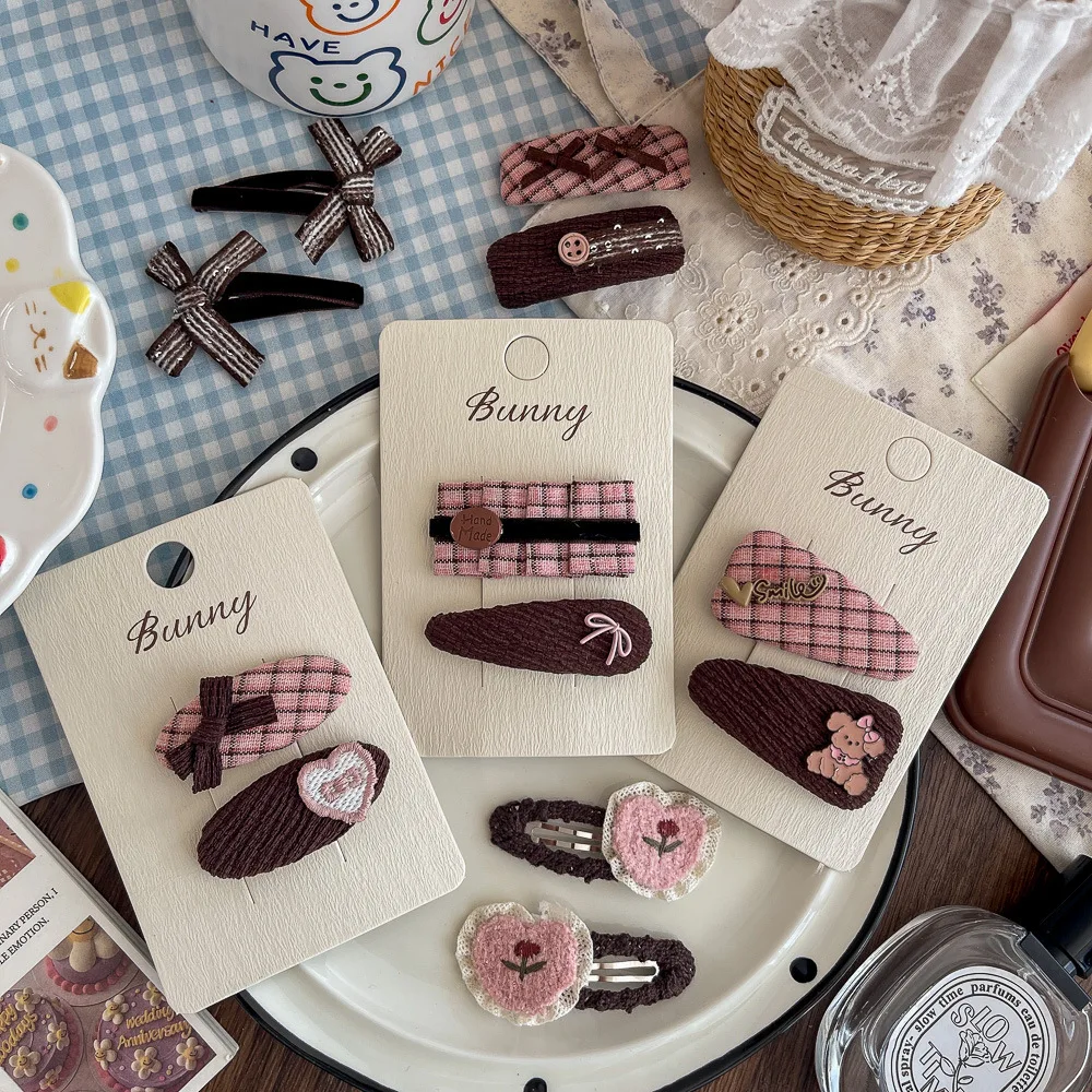 2 pçs novo rosa café xadrez tecido hairpin crianças doce hairpin franja headwear meninas crianças acessórios para o cabelo