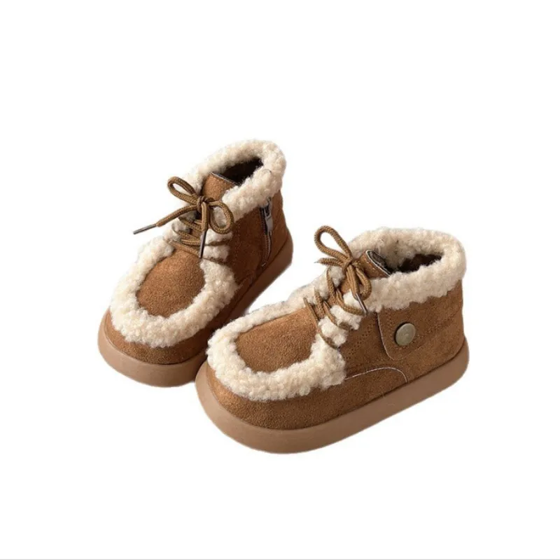 

Детские сапоги с круглым волосом, новые зимние короткие сапоги из матового бархата для девочек, теплые модные хлопковые сапоги на толстой подошве, размер 23-36