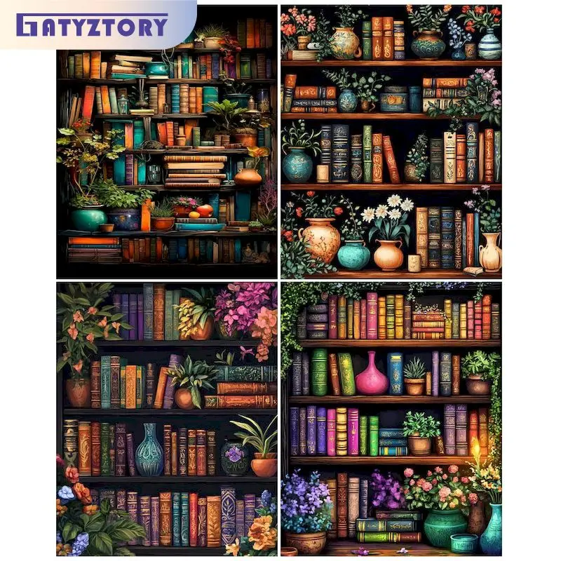

GATYZTORY 40x50cm Painting By Numbers DIY Paint Kit Drawing Bookshelf Picture Painting Numbers For Adults Decorative Paintings