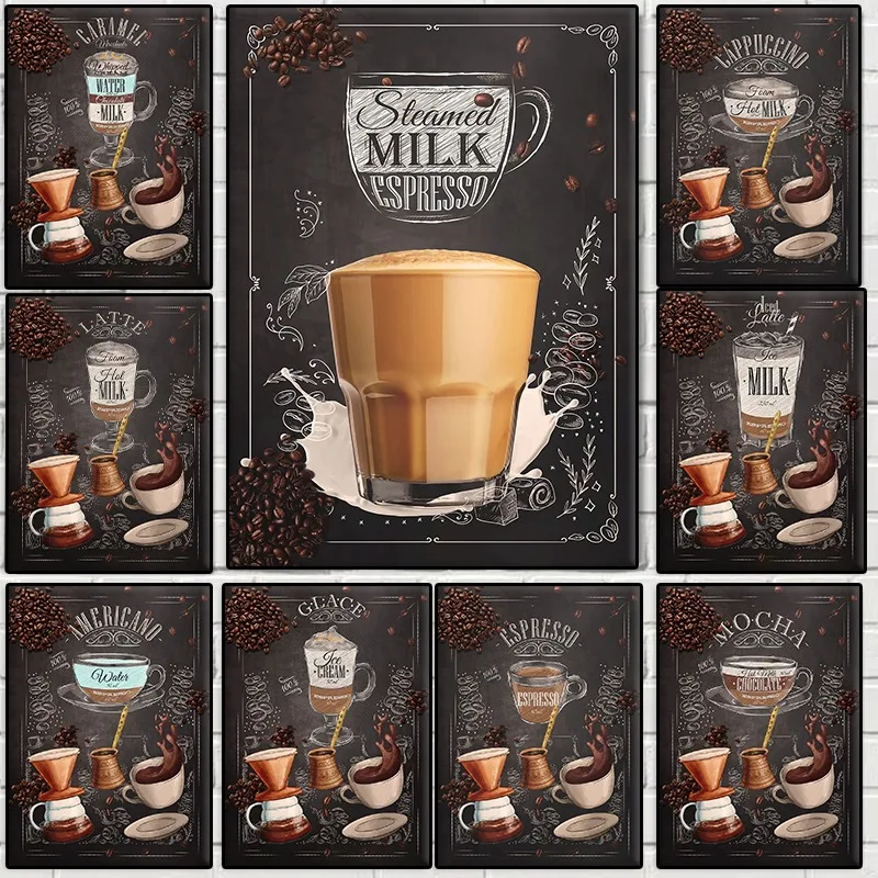 Póster de las mejores variedades de café, café helado con caramelo, elementos de granos de café, pintura en lienzo, arte de pared, decoración para el hogar, cafetería, cocina, club