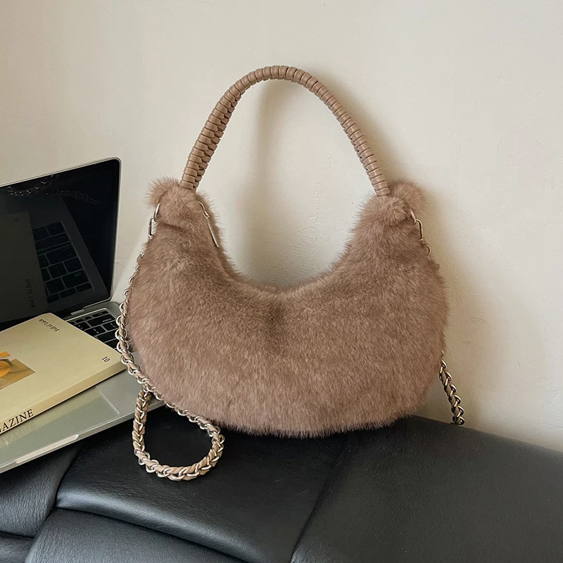 Halbmond-Design Lammwoll-Handtasche Clutch für Damen 2026 Winter Weiche Flauschige Handtasche Halbkreis-Plüsch-Umhängetasche Bolsa – Detail 27