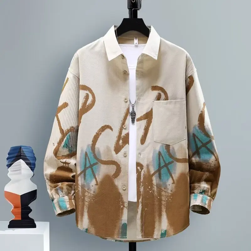 

Новинка 2024, мужские длинные Sve irt adient, цветной отложной воротник с буквенным принтом, большие размеры, модные, городские, дышащие