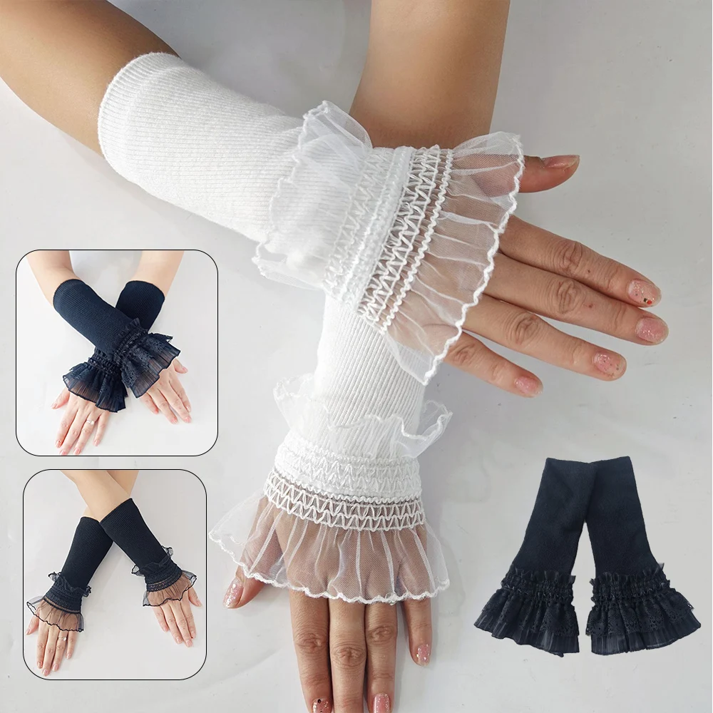 Women Knitting Lace Arm Cover Detachable Ruffles Cuff Fake Sleeve Arm Covers Spring Autumn Elbow Sleeve Sweater Decorative