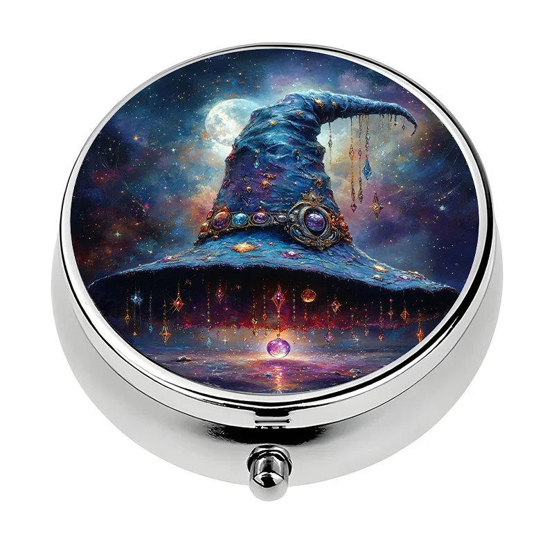 1 mini pill box with 3 compartments - Magic Witch and Mysterious Night Sky Metal Storage Box, medical-grade portable capsule box, suitable for vitamins, wands, and magical items (for use by adults and children)