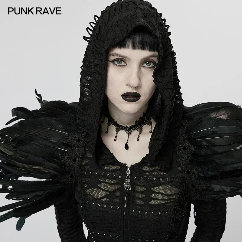 PUNK RAVE Women\'s Gothic Dark Decadent Faux Feather Shoulder Accessory Gloomy and Mysterious Party Club Black Wraps