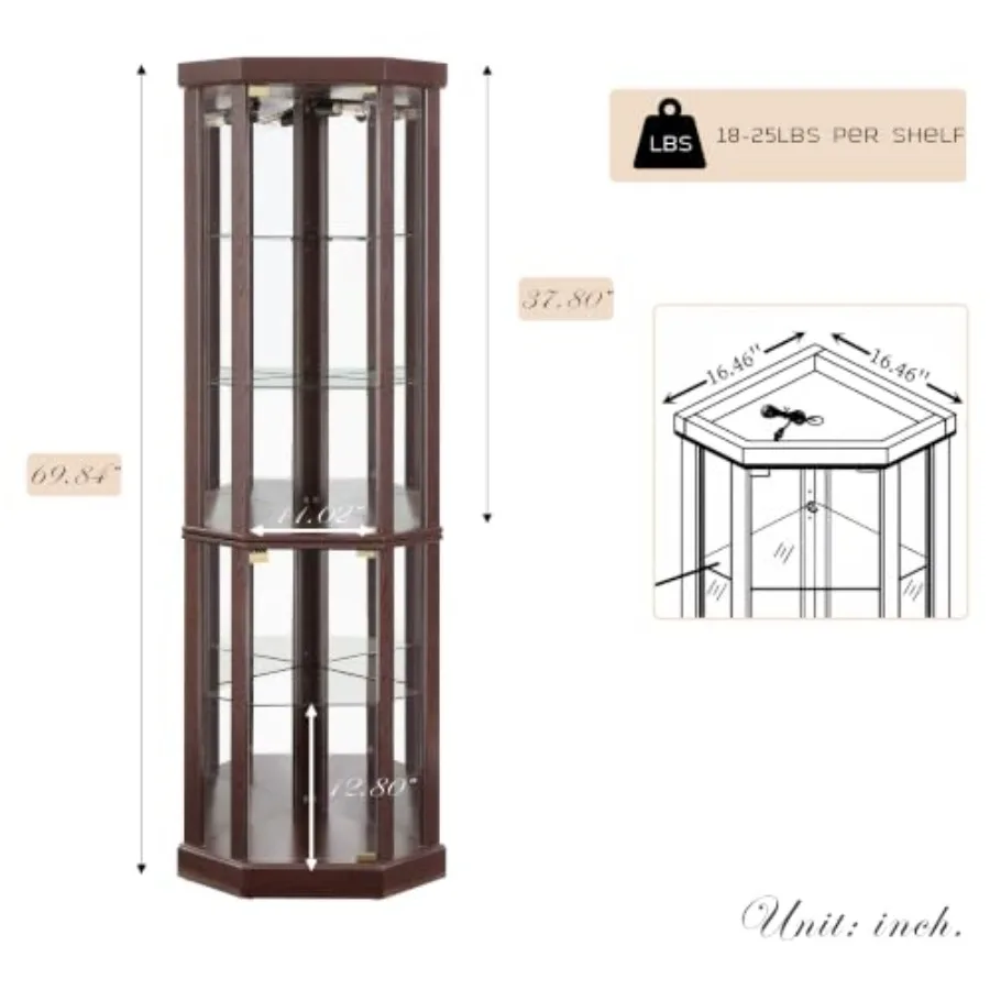 Corner curio cabinet for living room: tempered glass doors, lighted display cage, 5 adjustable shelves, 70 H, light bulb includ view 2