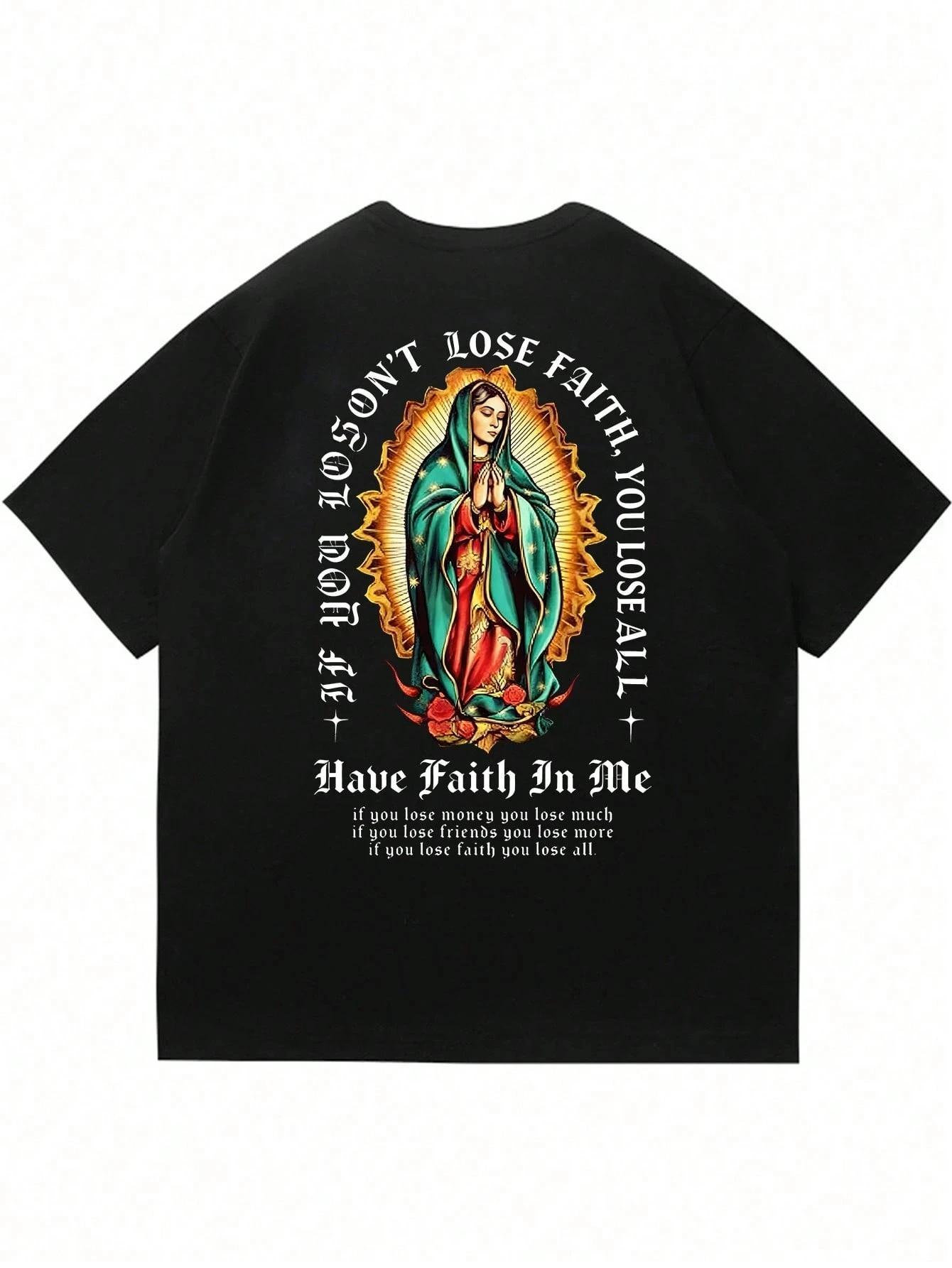 2026 New Family Matching T‑Shirt Gothic Virgin Figure Faith Inspirational Text Back Print Oversized Cotton Short Sleeve Tops