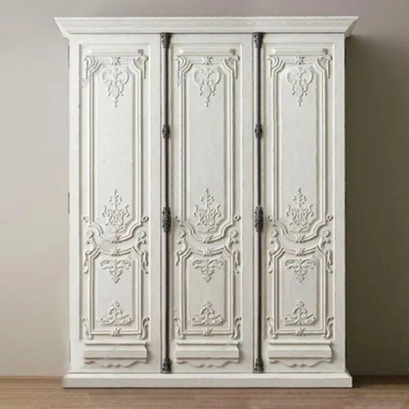 

French-style Three-door Solid Wood Wardrobe with Hand-carved Patterns, Large Coat Closet with Latch Lock Cabinet