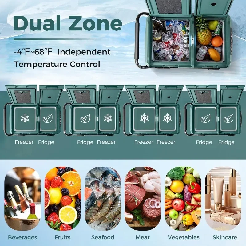 COSTWAY Car Refrigerator with Wheels, 53-Quart Dual-Zone Dual-Temperature Electric Cooler, 12V/24V DC, 100-240V AC, -4°F to 68°F