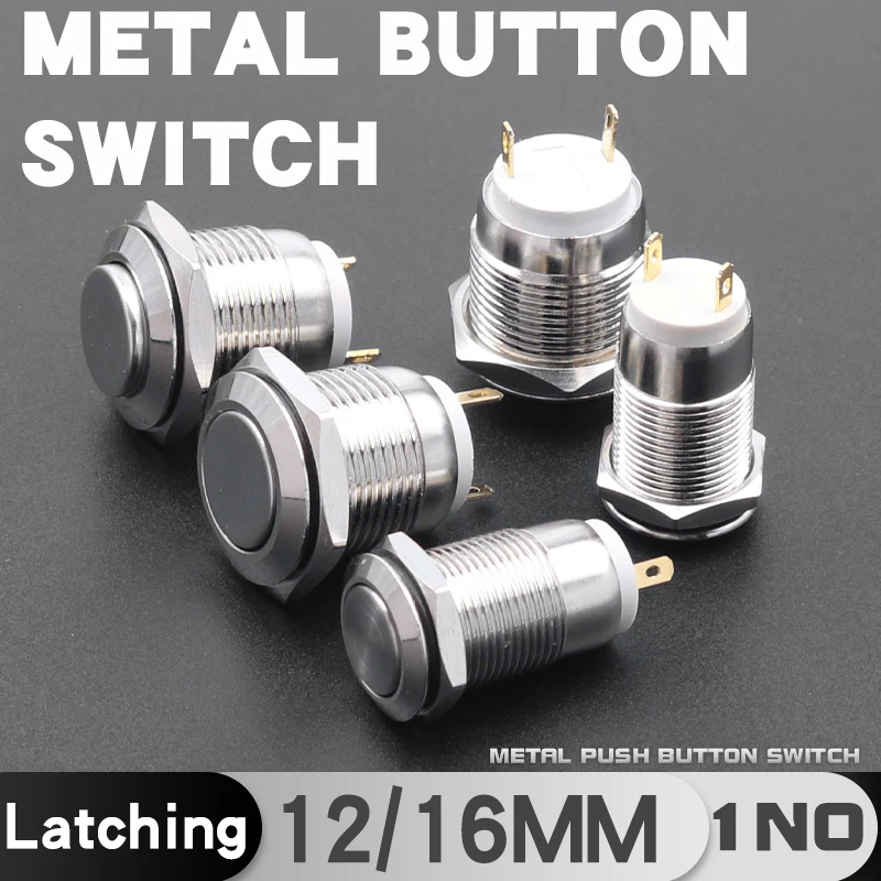12MM 16MM Metal Push Button Switch Latching 1NO Welding Foot Flat High Head Power Switch ON-OFF 220V 2Pins