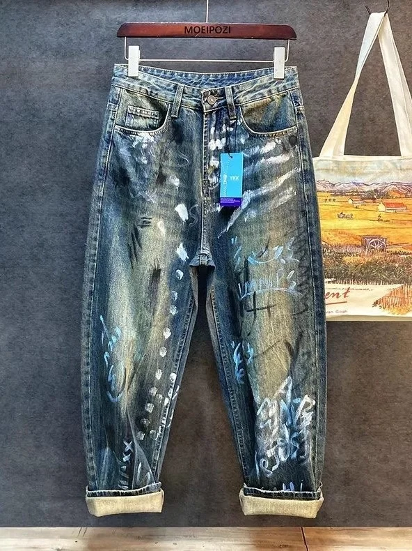 

American High Street Graffiti Printed Hand-Painted Wide-Leg Men's Jeans Loose Straight Casual Dragging Trousers