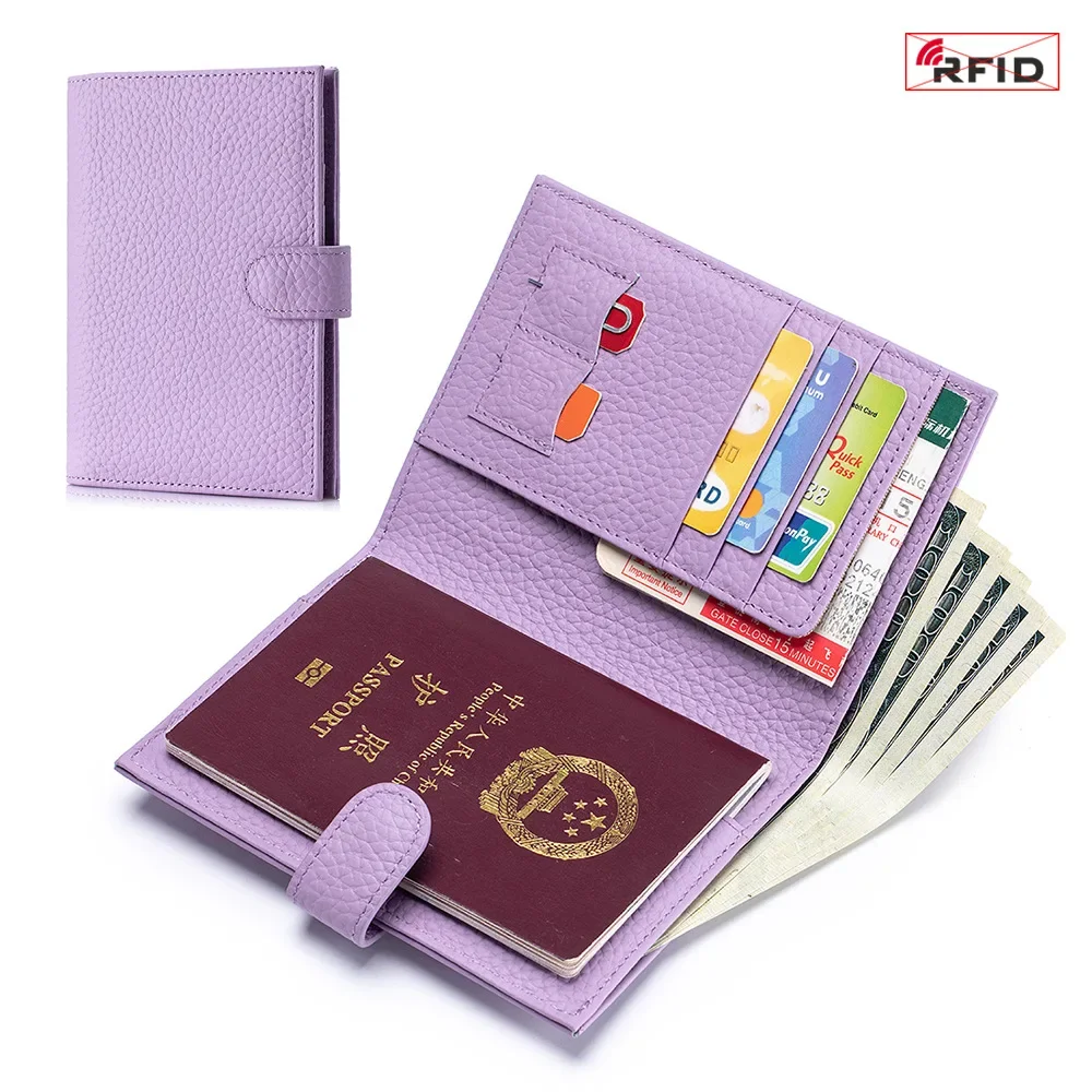 New RFID Blocking Genuine Leather Passport Holder Bag ID Document Cover Wallet With Coin Pocket Storage Bag For Women