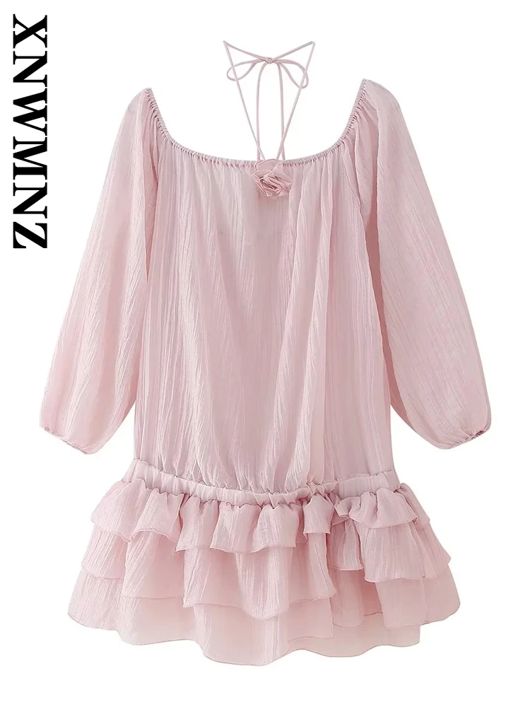 

XNWMNZ 2025 Summer New Lady Commuting Dresses Dress Edgy Female Solid Color O-Collar Lace Top Regular Fit Long Sleeve Mini Skirt