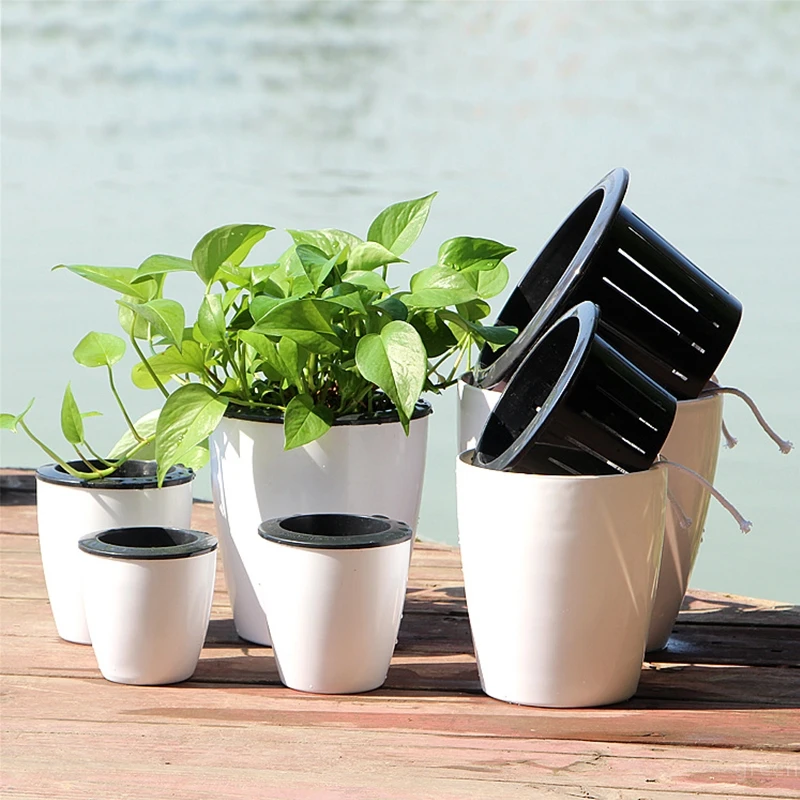 أصيص زهور مستدير بطبقة مزدوجة، وعاء زراعة مائي أوتوماتيكي لامتصاص الماء، أصيص زهور نباتات خضراء كبيرة، بونساي #2