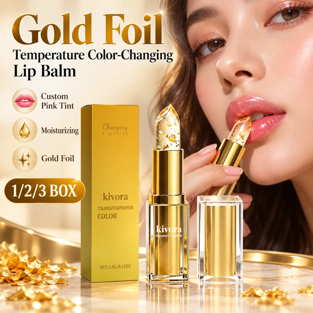 3.5g Crystal Jelly Lipstick Gold Foil Color Changing Lip Balm Hydrating Non Sticky Temperature Reactive Natural Pink Tint Gloss